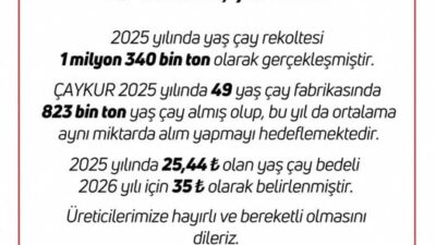 2026 yılı yaş çay alım fiyatı, kilogram başına 35 lira