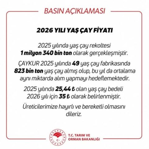 2026 yılı yaş çay alım fiyatı, kilogram başına 35 lira